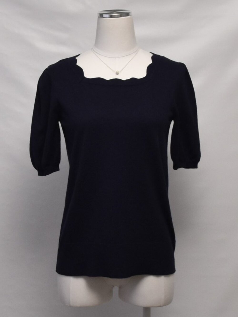 Navy Blue Scalloped Square Neck Puff Sleeve Sweater Tee Blouse